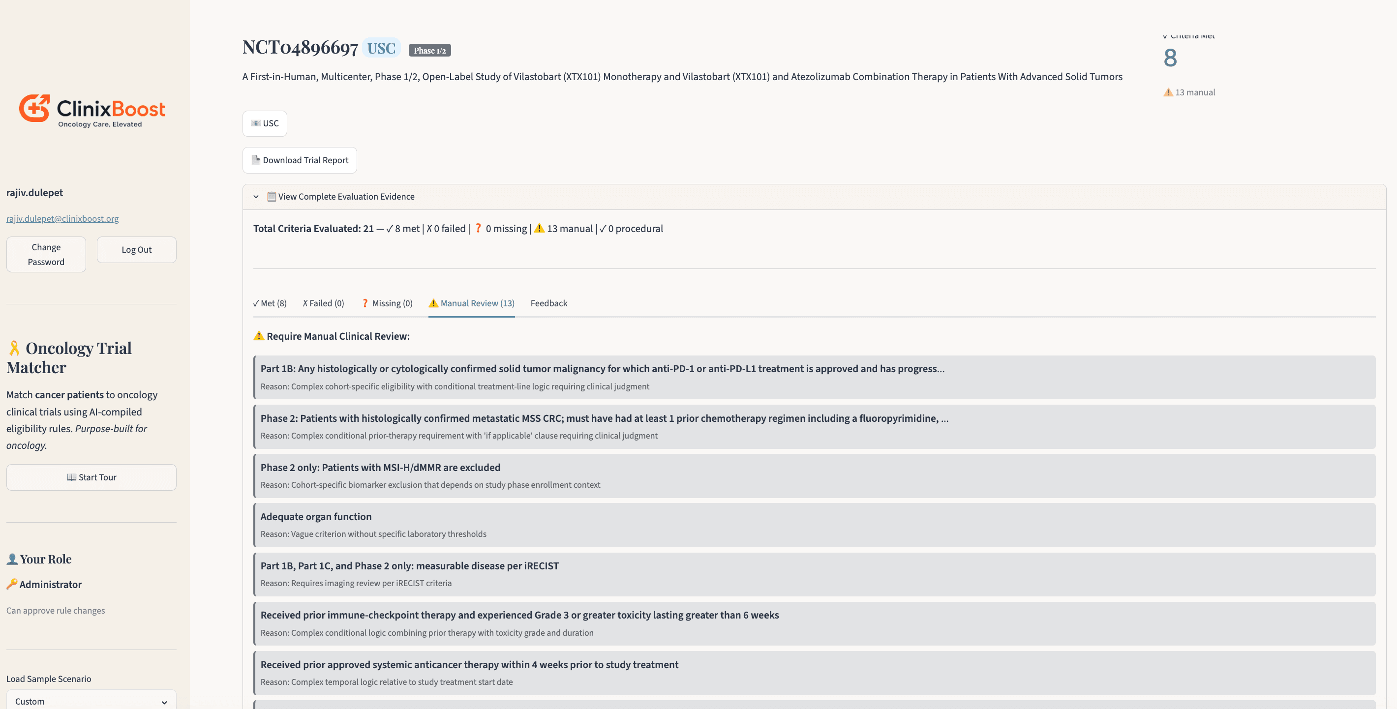 ClinixBoost trial matching — manual clinical review